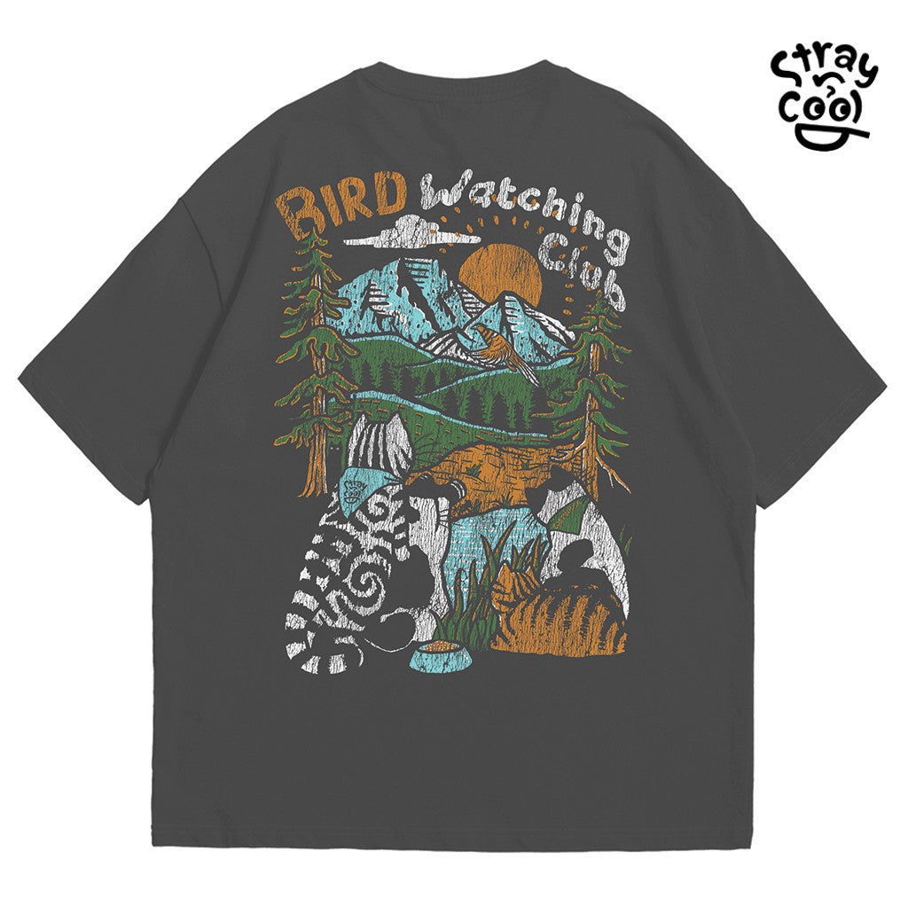 Strayandcool "Bird Watching Club" Oversized T-shirt, Washed Fabric, Cracked Texture