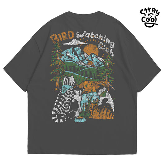 Strayandcool "Bird Watching Club" Oversized T-shirt, Washed Fabric, Cracked Texture
