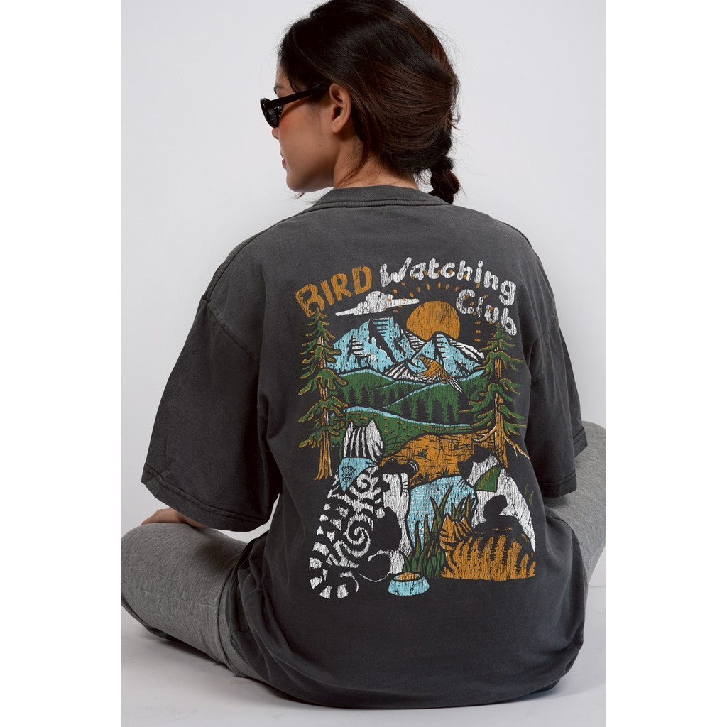 Strayandcool "Bird Watching Club" Oversized T-shirt, Washed Fabric, Cracked Texture