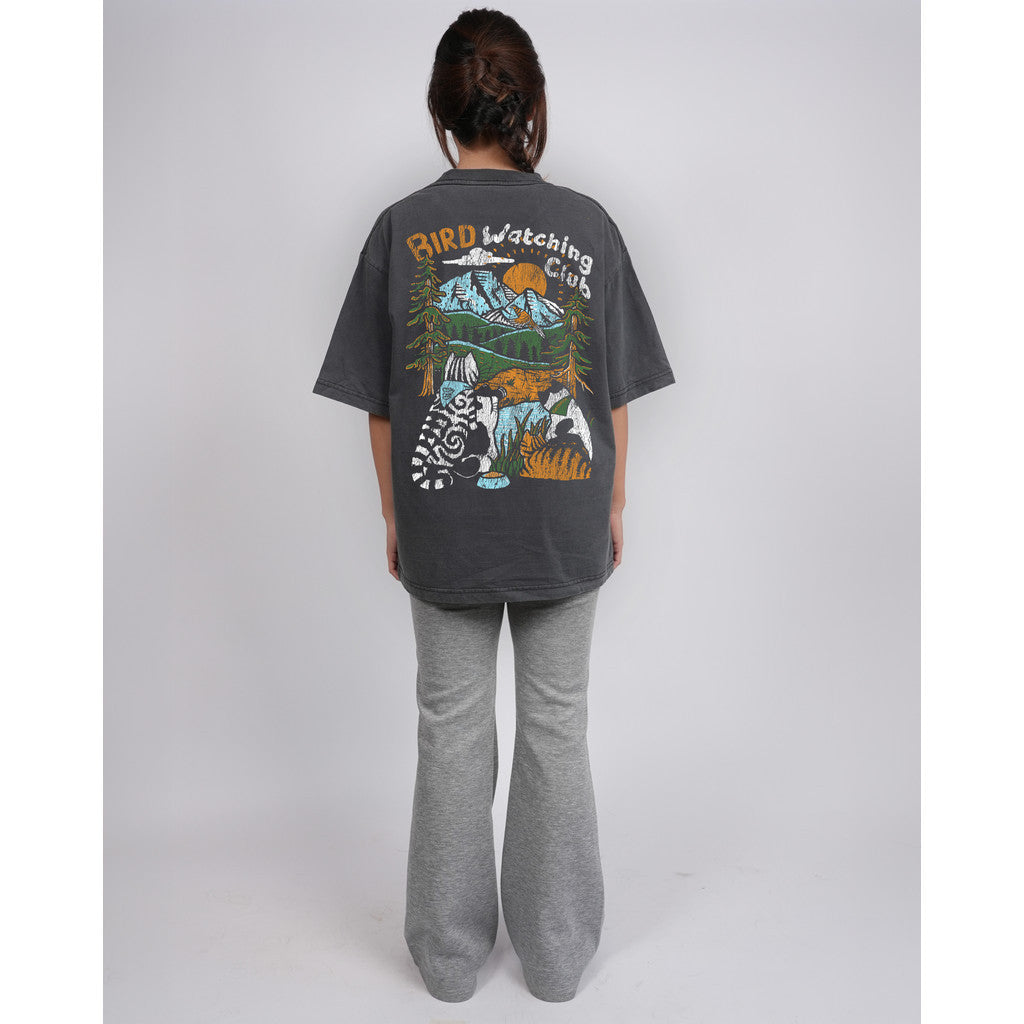 Strayandcool "Bird Watching Club" Oversized T-shirt, Washed Fabric, Cracked Texture