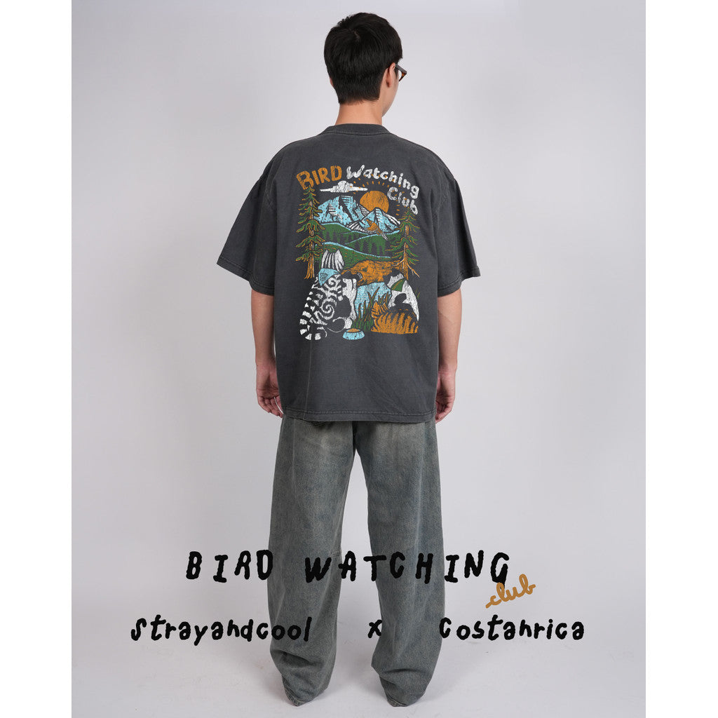 Strayandcool "Bird Watching Club" Oversized T-shirt, Washed Fabric, Cracked Texture